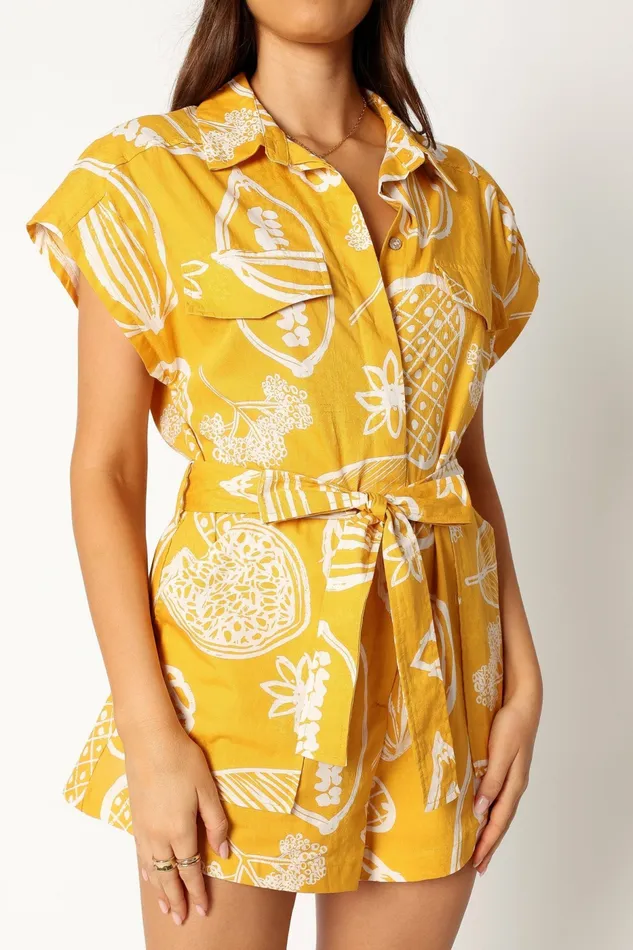 Petal and Pup Georgina Tie Waist Romper Yellow Women Jumpsuits and Rompers