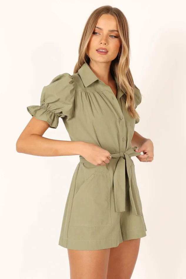 Petal and Pup Jumpsuits and Rompers Women Riley Waist Tie Romper Olive