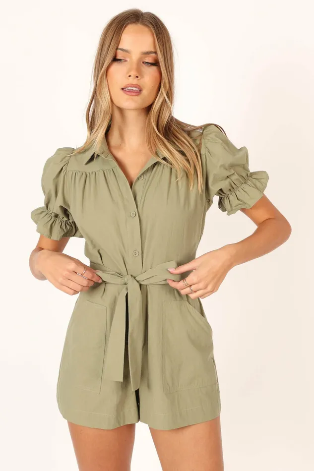 Petal and Pup Jumpsuits and Rompers Women Riley Waist Tie Romper Olive