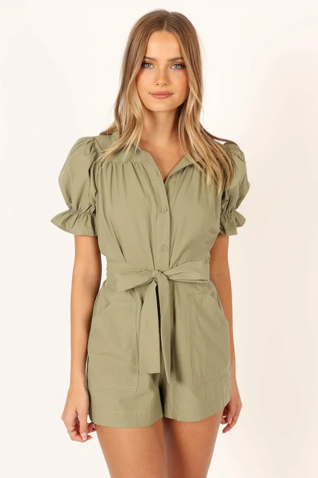 Petal and Pup Jumpsuits and Rompers Women Riley Waist Tie Romper Olive
