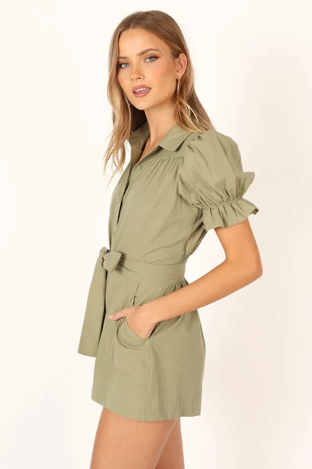 Petal and Pup Jumpsuits and Rompers Women Riley Waist Tie Romper Olive