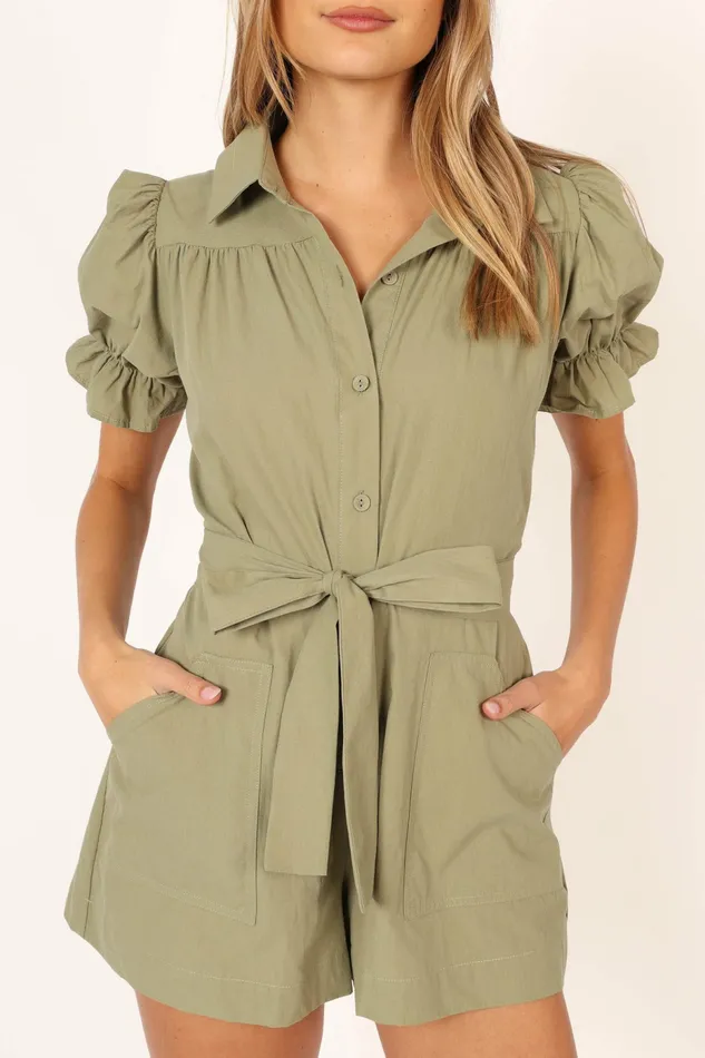 Petal and Pup Jumpsuits and Rompers Women Riley Waist Tie Romper Olive