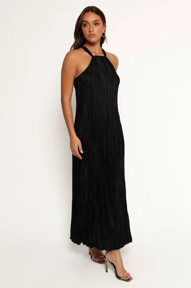 Petal and Pup Melody Plisse Halter Maxi Dress Black Women Fall Dresses