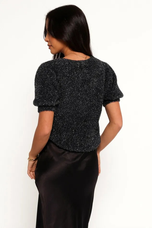 Petal and Pup Tees Women Reba Short Sleeve Lurex Crew Knit Sweater Navy