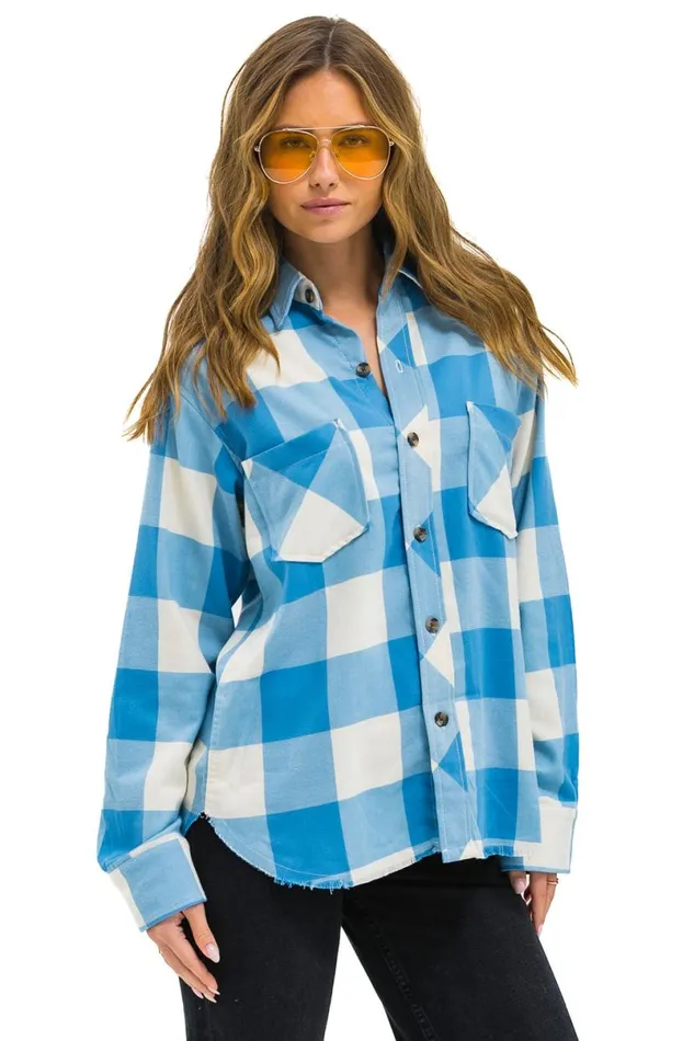 Plaid Flannel Light Weight Unisex Western Shirt 8211 Sky Plaid Women Aviator Nation Tees