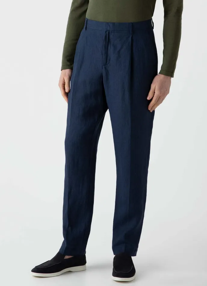 Pleated Linen Trouser Light Navy Men SUNSPEL Pants