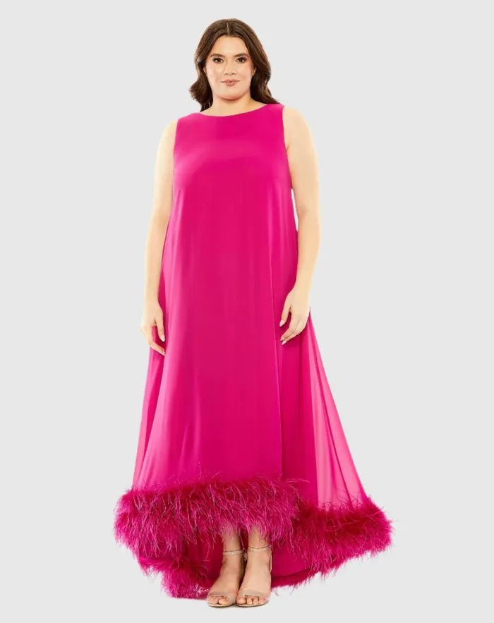 Plus Size Dresses Mac Duggal Women High Neck Feather Hem Dress Fuchsia