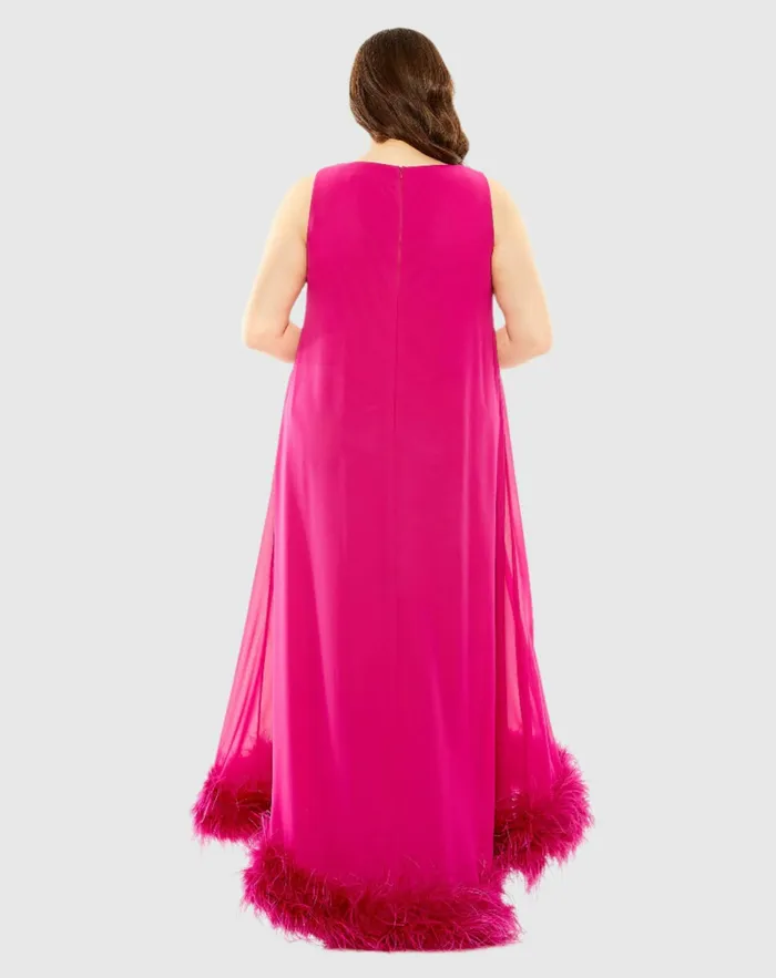Plus Size Dresses Mac Duggal Women High Neck Feather Hem Dress Fuchsia