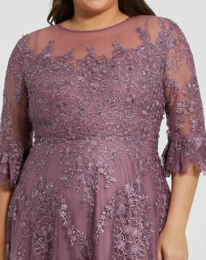 Plus Size Dresses Mac Duggal Women High Neck Flutter Sleeve Embroidered A Line Dress Vintage Lilac Plus Size Dresses Mac Duggal Women High Neck Flutter Sleeve Embroidered A Line Dress Vintage Lilac