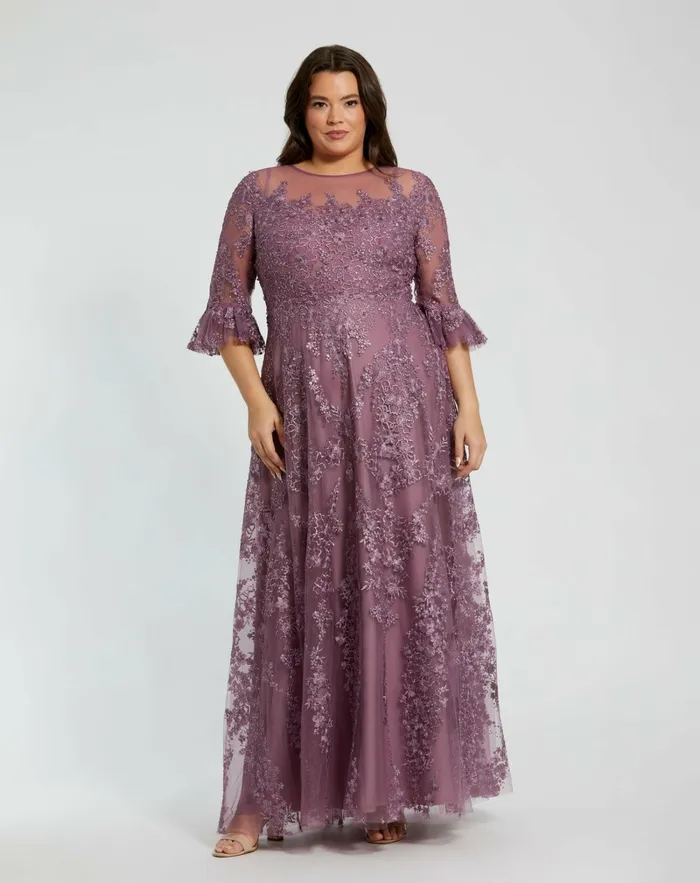 Plus Size Dresses Mac Duggal Women High Neck Flutter Sleeve Embroidered A Line Dress Vintage Lilac Plus Size Dresses Mac Duggal Women High Neck Flutter Sleeve Embroidered A Line Dress Vintage Lilac