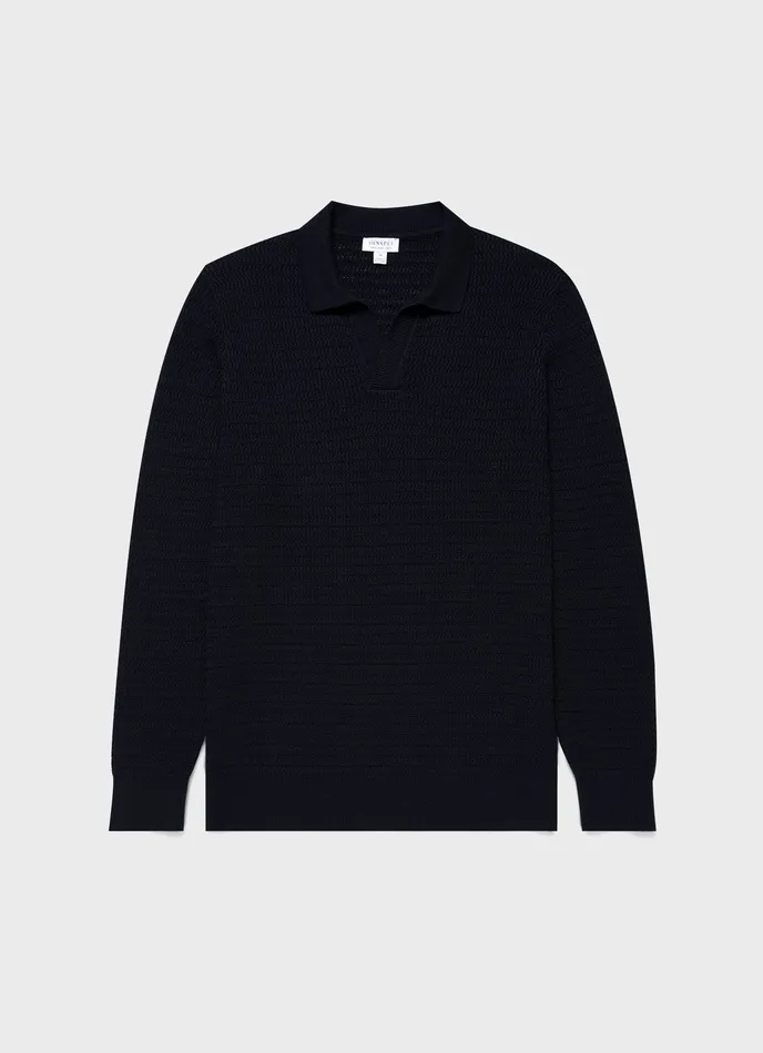 Polo Shirts Long Sleeve Textured CottonPolo Shirt Navy 8211 ussunspel Men