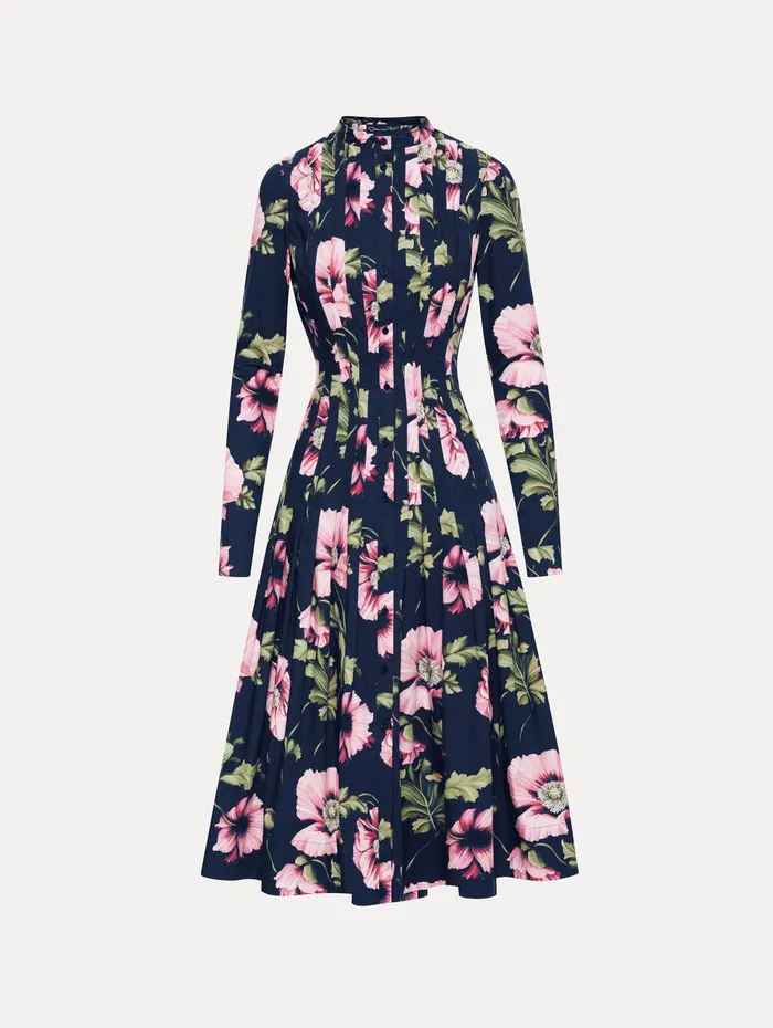 Poppy Cotton Poplin Midi Dress Navy Pink Women Oscar De La Renta Dresses