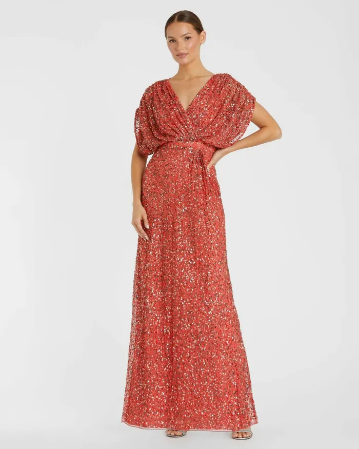 Red Draped Sleeve V Neck Gown Paprika Best Sellers Mac Duggal Women