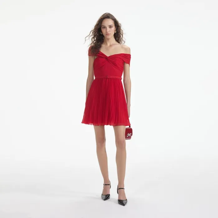 Red Off Shoulder Chiffon Mini Dress Women Self Portrait Dresses