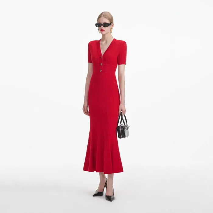 Red Pointelle Knit Midi Dress Women Self Portrait Dresses Red Pointelle Knit Midi Dress Women Self Portrait Dresses