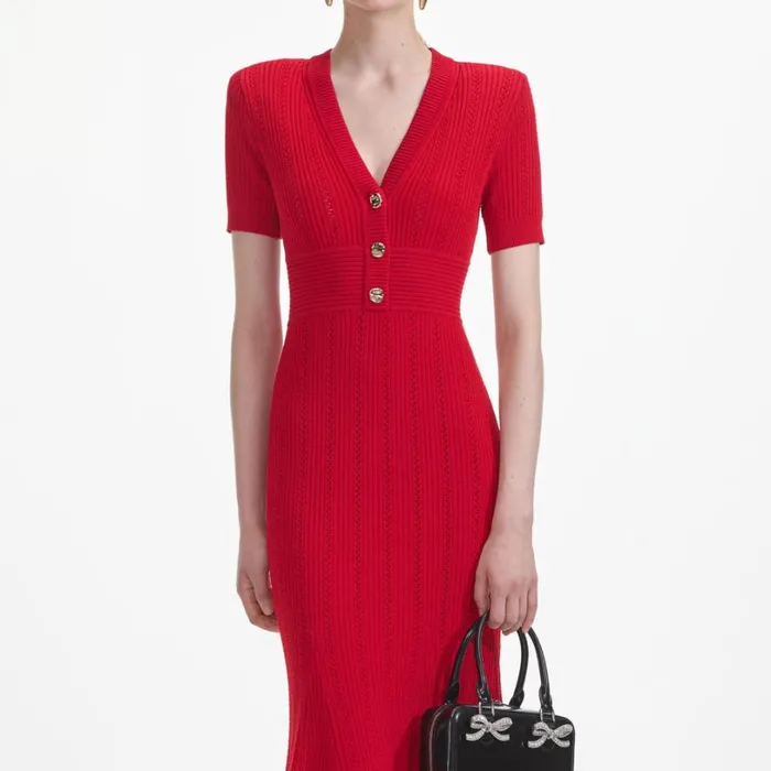 Red Pointelle Knit Midi Dress Women Self Portrait Dresses Red Pointelle Knit Midi Dress Women Self Portrait Dresses