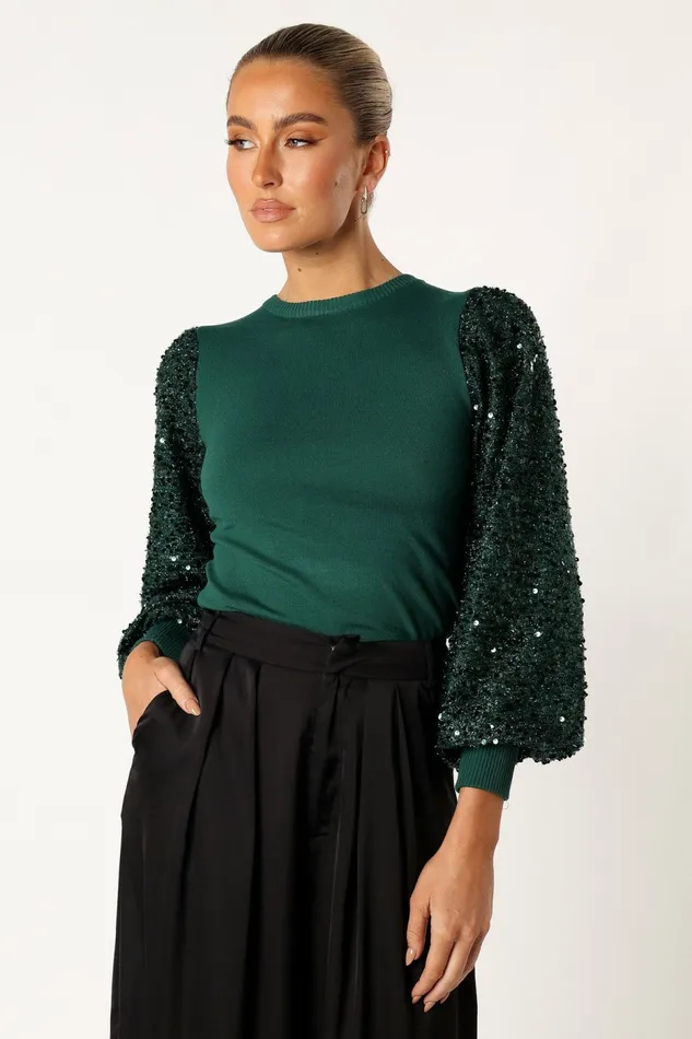 Rowan Sequin Sleeve Top Green Women Tops Petal and Pup