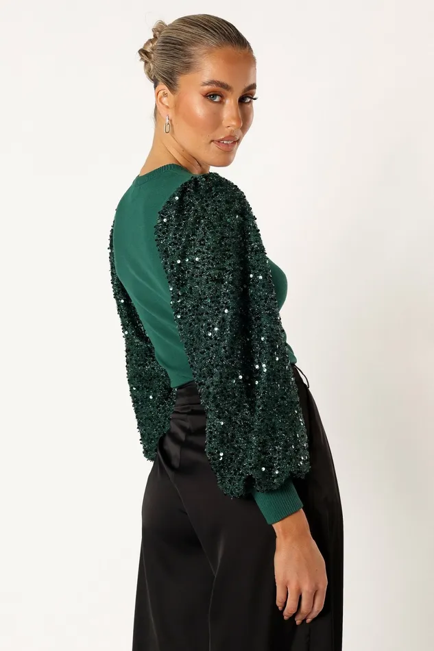 Rowan Sequin Sleeve Top Green Women Tops Petal and Pup
