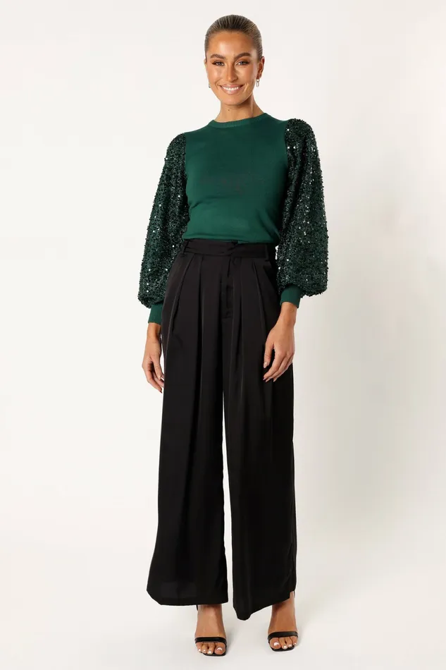Rowan Sequin Sleeve Top Green Women Tops Petal and Pup