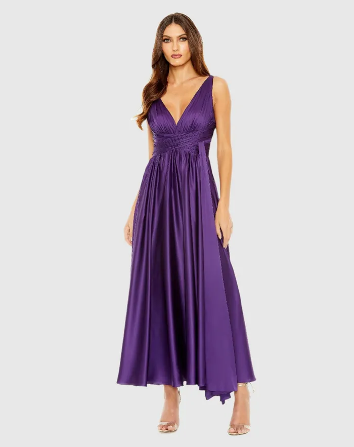Ruched Top Satin Pleated Tea Length Dress Purple Cocktail Dresses Mac Duggal Women