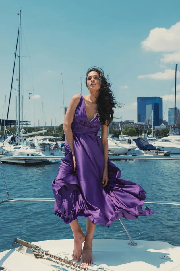 Ruched Top Satin Pleated Tea Length Dress Purple Cocktail Dresses Mac Duggal Women