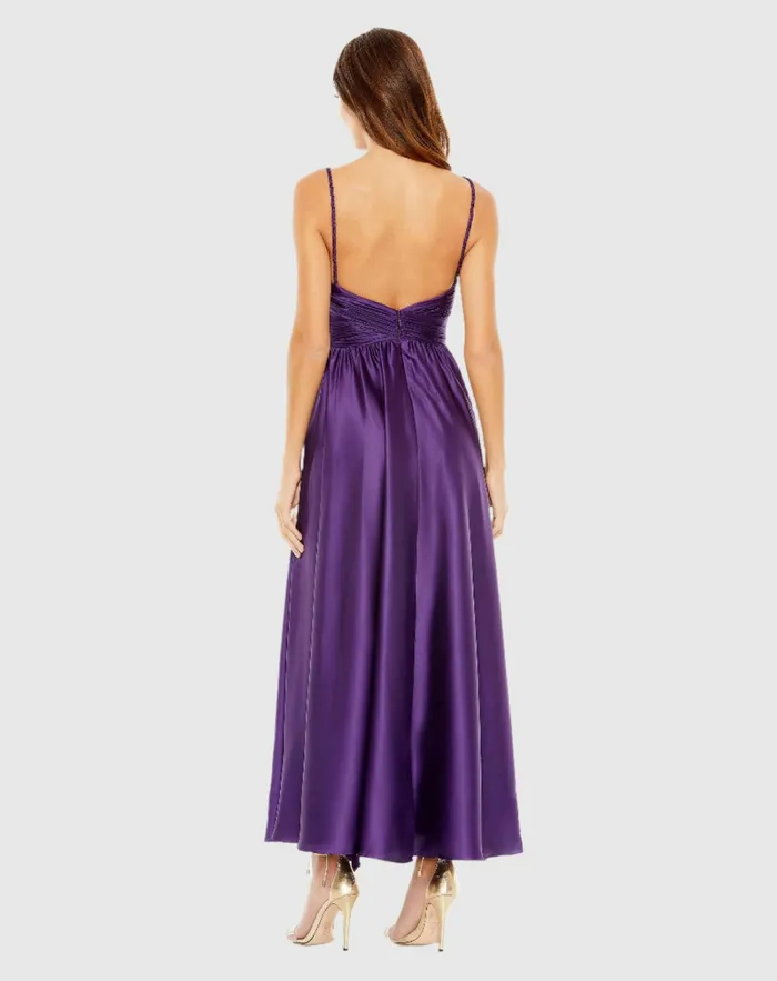 Ruched Top Satin Pleated Tea Length Dress Purple Cocktail Dresses Mac Duggal Women