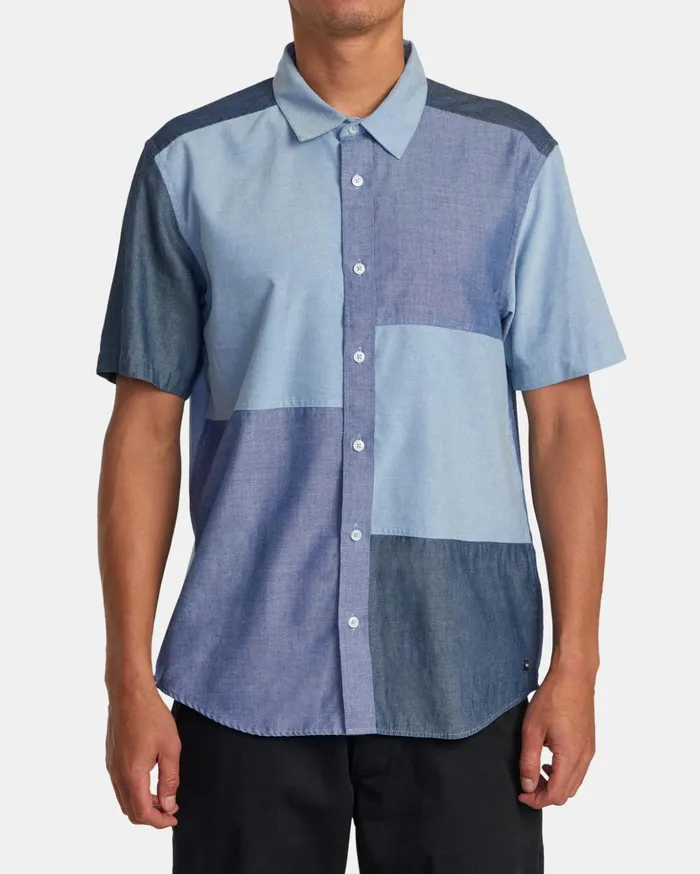 RVCA Shirts Flannels Patchwork Short Sleeve Shirt Blue 8211 Men
