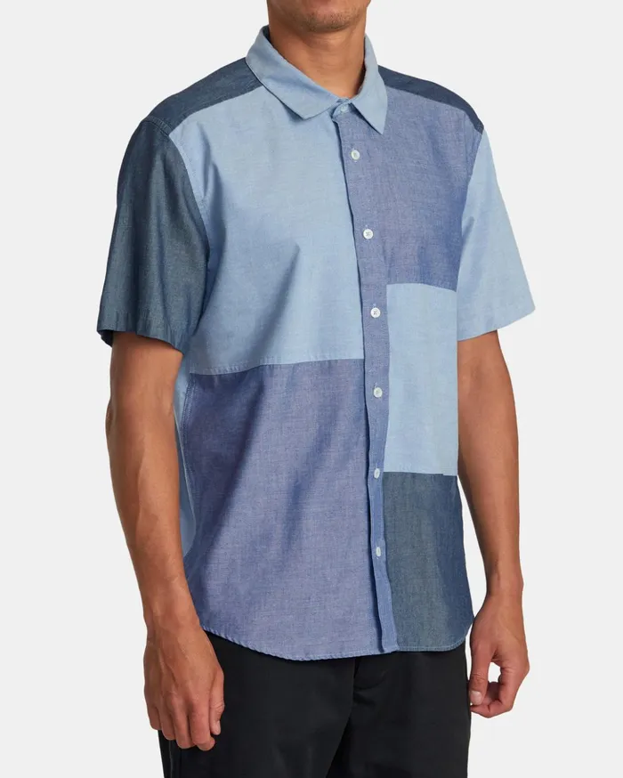 RVCA Shirts Flannels Patchwork Short Sleeve Shirt Blue 8211 Men