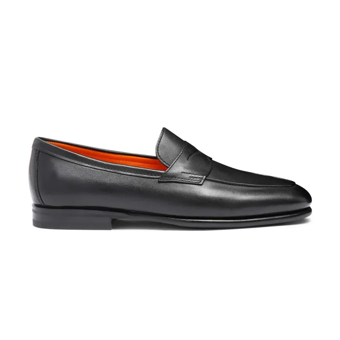 Santoni Black Leather Carlo Loafer Men Loafers