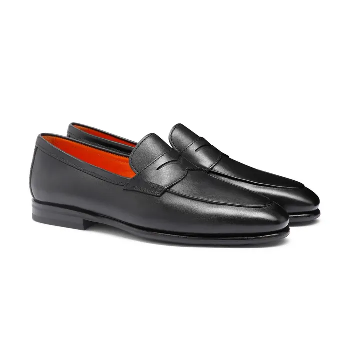 Santoni Black Leather Carlo Loafer Men Loafers