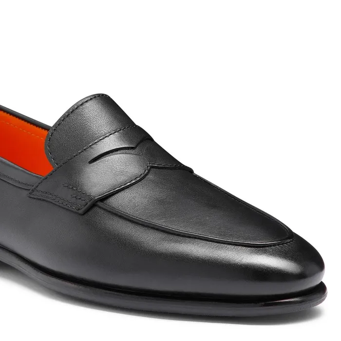 Santoni Black Leather Carlo Loafer Men Loafers