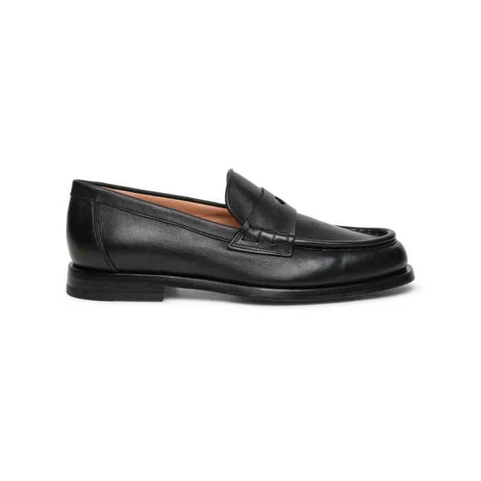 Santoni Black Leather Penny Loafer Women Loafers