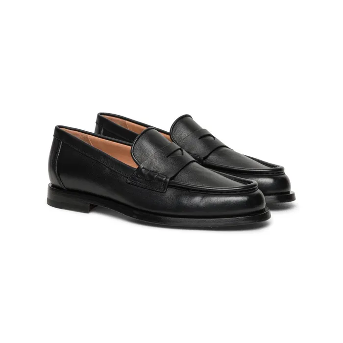 Santoni Black Leather Penny Loafer Women Loafers