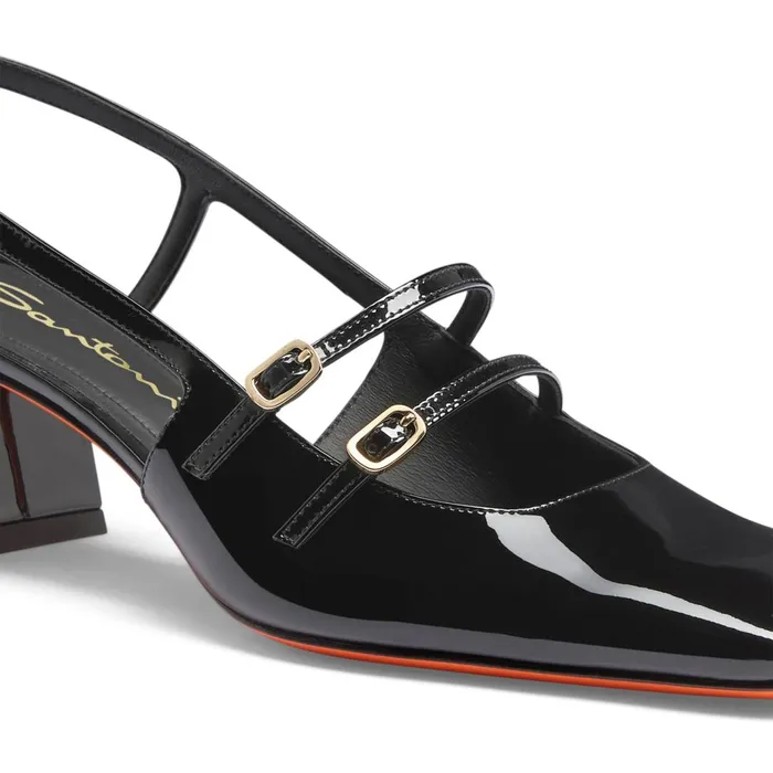 Santoni Black Patent Leather MidHeel Slingback Women Pumps and Heels