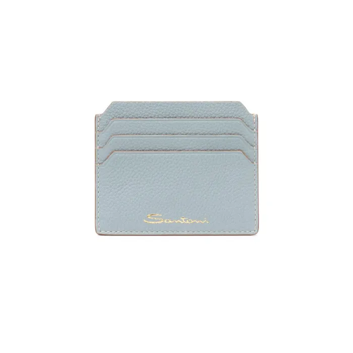 Santoni Light Blue Tumbled Leather Credit Card Holder Women Small Leather Goods