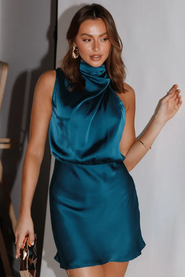 Satin Dresses Women Anabelle Halter Neck Mini Dress Teal Petal and Pup