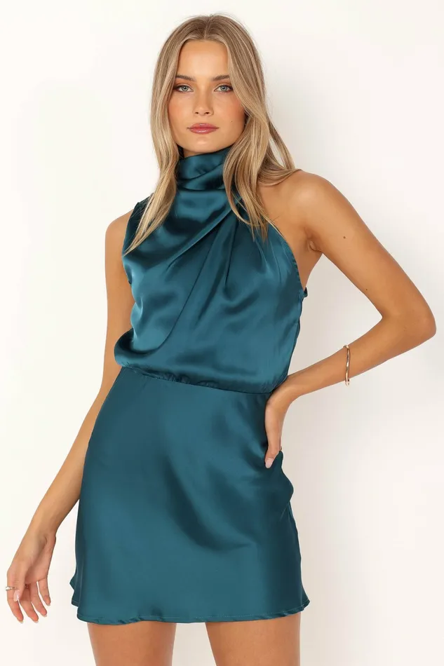 Satin Dresses Women Anabelle Halter Neck Mini Dress Teal Petal and Pup