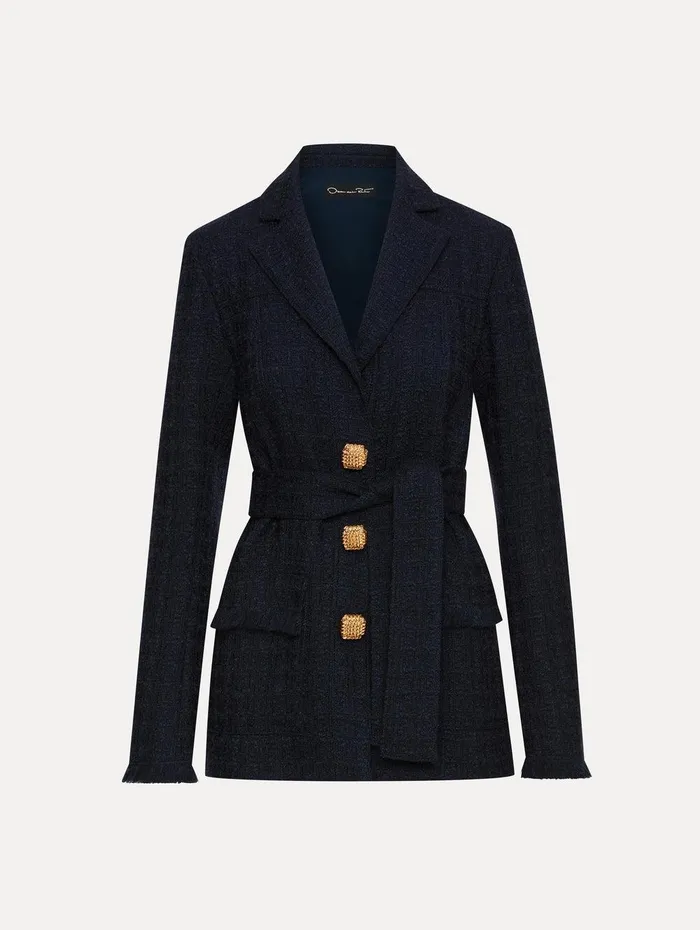 SelfSash Tweed Jacket Navy Women Oscar De La Renta Jackets and Coats