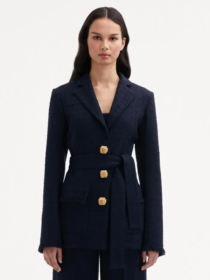 SelfSash Tweed Jacket Navy Women Oscar De La Renta Jackets and Coats