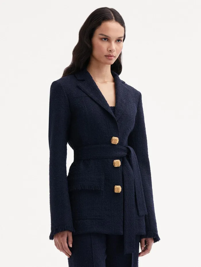 SelfSash Tweed Jacket Navy Women Oscar De La Renta Jackets and Coats