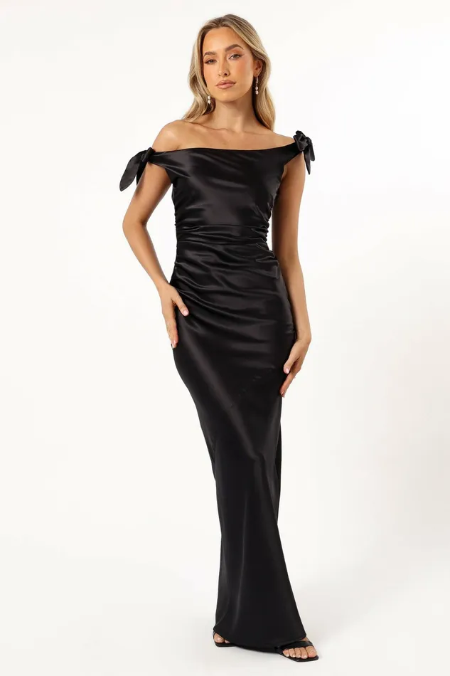 Selma Off Shoulder Maxi Dress Black Women Satin Dresses Petal and Pup