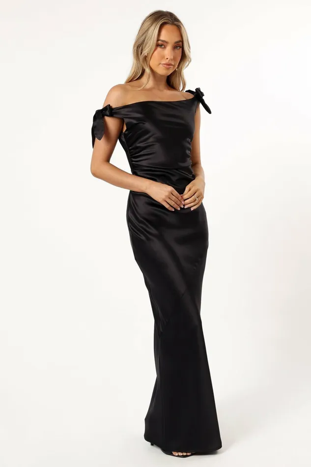 Selma Off Shoulder Maxi Dress Black Women Satin Dresses Petal and Pup