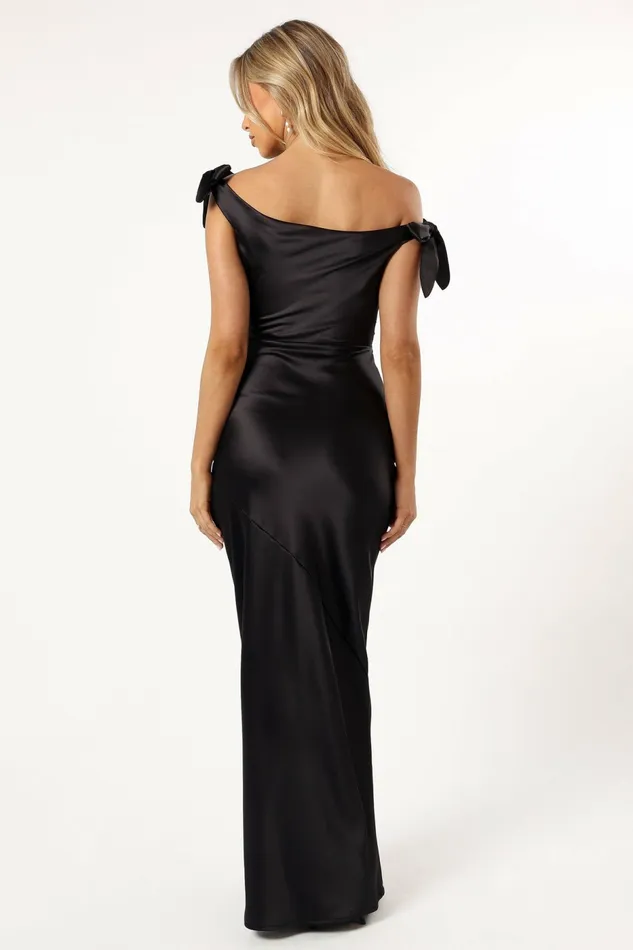Selma Off Shoulder Maxi Dress Black Women Satin Dresses Petal and Pup