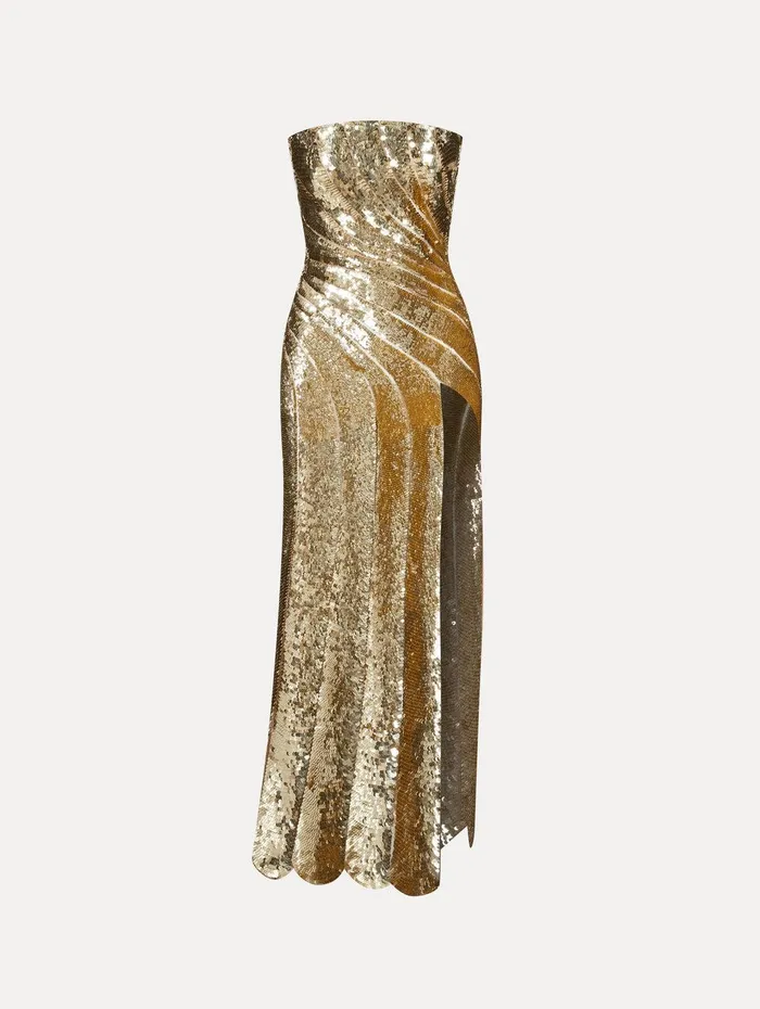 Sequin Wave and Scallop Detail Dress Gold Women Oscar De La Renta Gowns and Caftans Sequin Wave and Scallop Detail Dress Gold Women Oscar De La Renta Gowns and Caftans