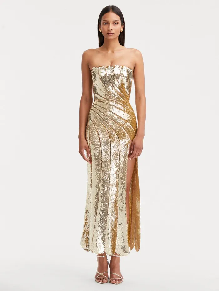 Sequin Wave and Scallop Detail Dress Gold Women Oscar De La Renta Gowns and Caftans Sequin Wave and Scallop Detail Dress Gold Women Oscar De La Renta Gowns and Caftans
