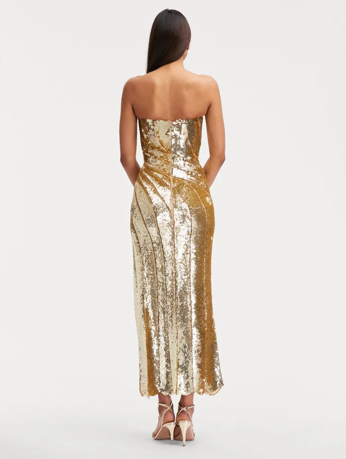 Sequin Wave and Scallop Detail Dress Gold Women Oscar De La Renta Gowns and Caftans Sequin Wave and Scallop Detail Dress Gold Women Oscar De La Renta Gowns and Caftans