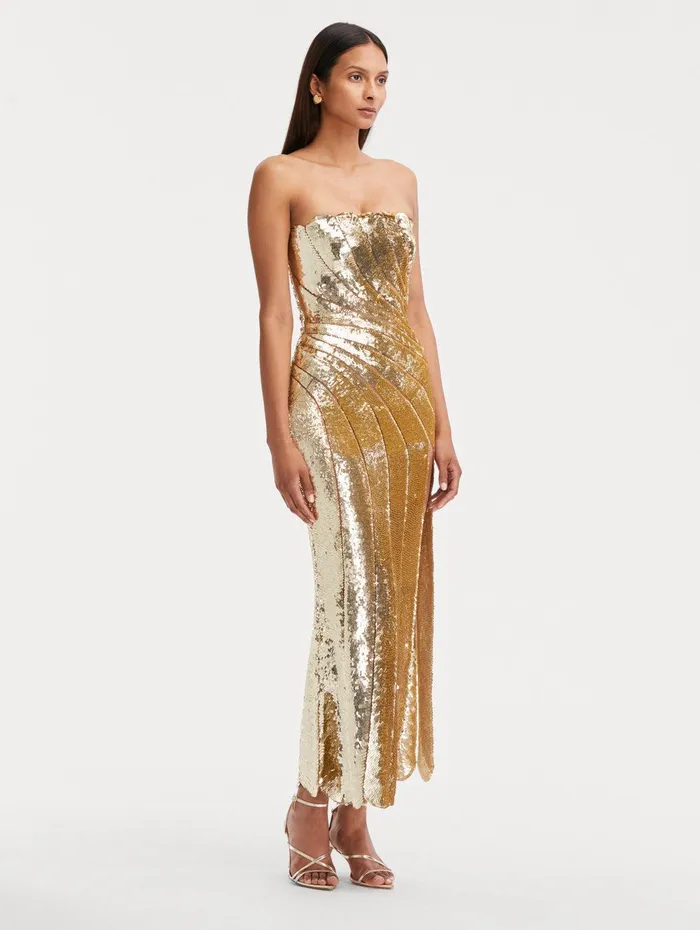 Sequin Wave and Scallop Detail Dress Gold Women Oscar De La Renta Gowns and Caftans Sequin Wave and Scallop Detail Dress Gold Women Oscar De La Renta Gowns and Caftans