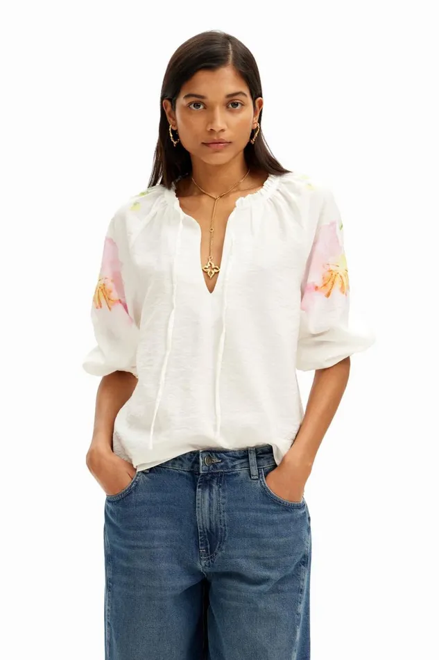 Shirts And Blouses Women Desigual Flowy Blouse With Watercolor Floral Print White