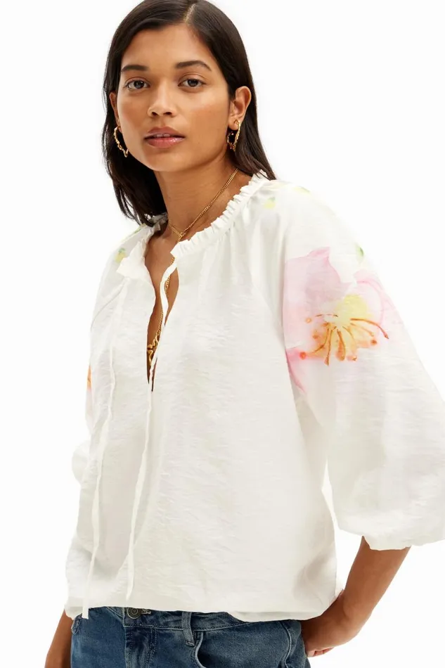 Shirts And Blouses Women Desigual Flowy Blouse With Watercolor Floral Print White