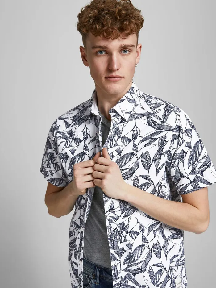 Shirts JACK and JONES Mens BOTANICAL PRINT SLIM FIT SHORT SLEEVED SHIRT White Cloud Dancer Gift for Friend